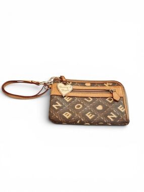 Vintage Dooney & Bourke Brown Logo Wristlet With Metal Logo Heart